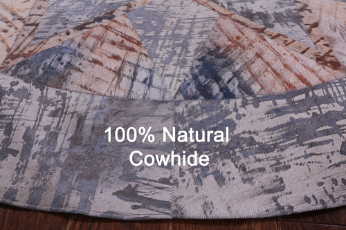 Abstract Round Patchwork Printed Natural Cowhide Rug - 6' 7