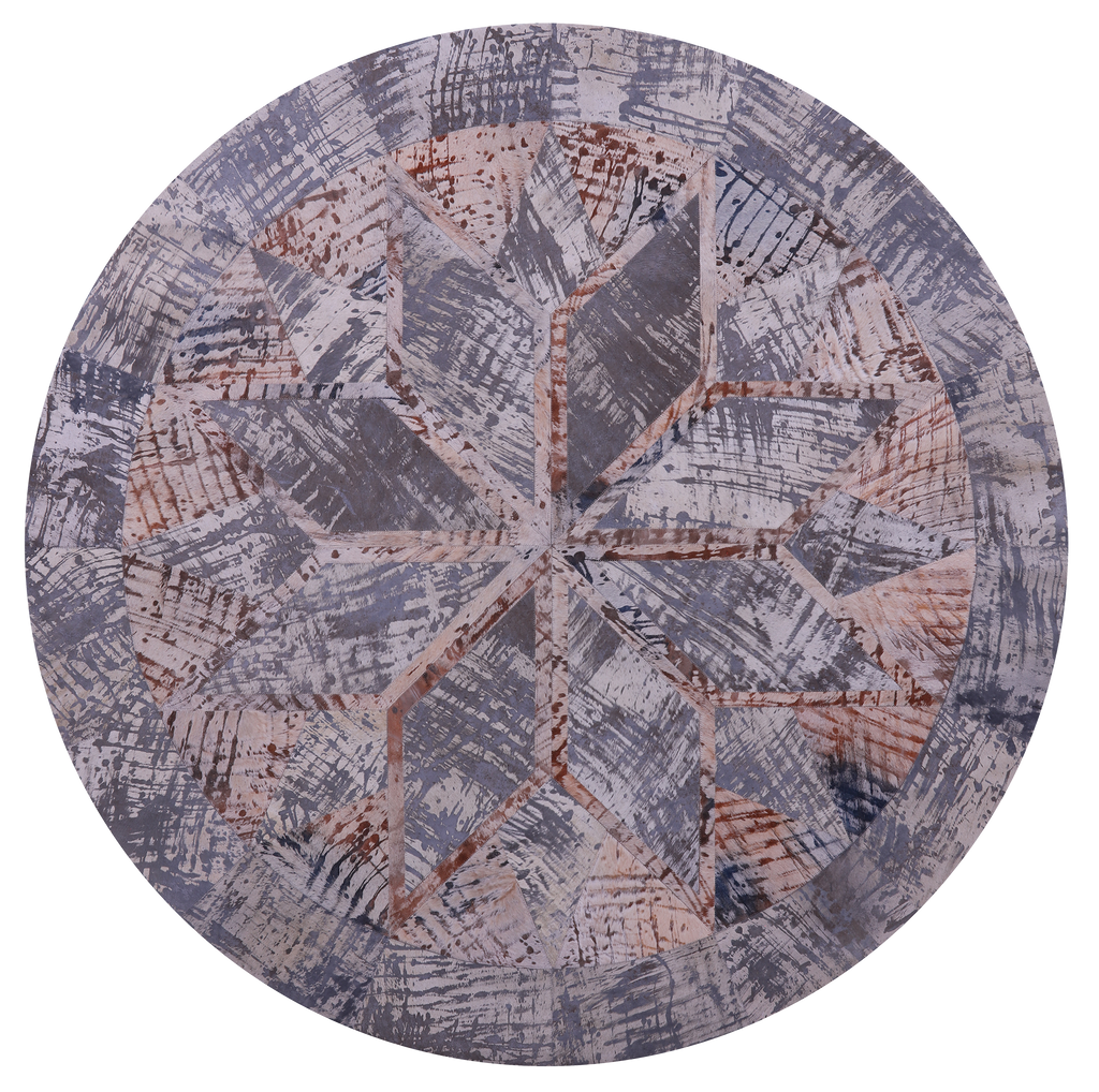 Abstract Round Patchwork Printed Natural Cowhide Rug - 6' 7" x 6' 7"