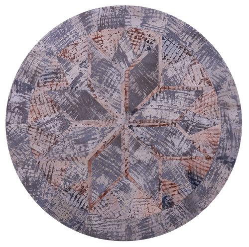 Abstract Round Patchwork Printed Natural Cowhide Rug - 6' 7