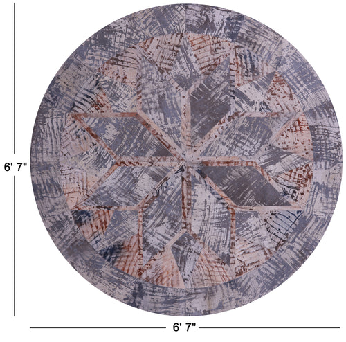 Abstract Round Patchwork Printed Natural Cowhide Rug - 6' 7
