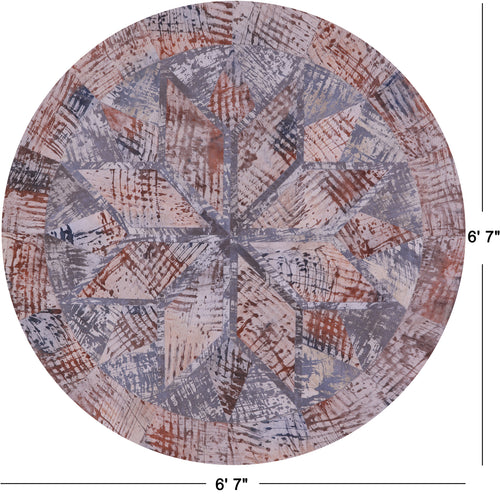 Abstract Round Patchwork Printed Natural Cowhide Rug - 6' 7