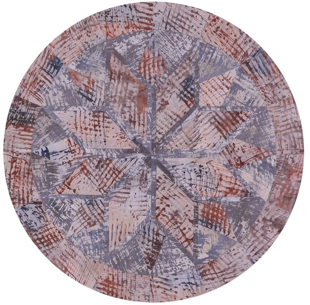 Abstract Round Patchwork Printed Natural Cowhide Rug - 6' 7" x 6' 7"
