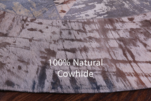 Abstract Round Patchwork Printed Natural Cowhide Rug - 6' 7
