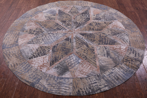 Abstract Round Patchwork Printed Natural Cowhide Rug - 6' 7