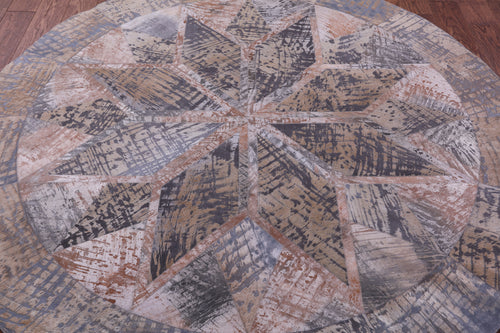 Abstract Round Patchwork Printed Natural Cowhide Rug - 6' 7