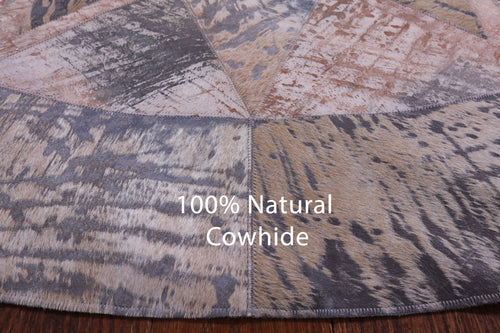 Abstract Round Patchwork Printed Natural Cowhide Rug - 6' 7
