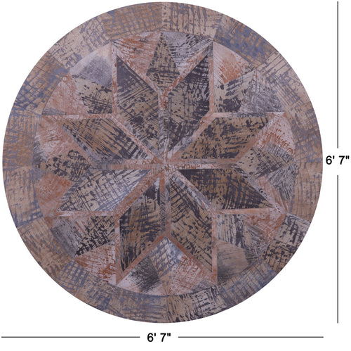 Abstract Round Patchwork Printed Natural Cowhide Rug - 6' 7