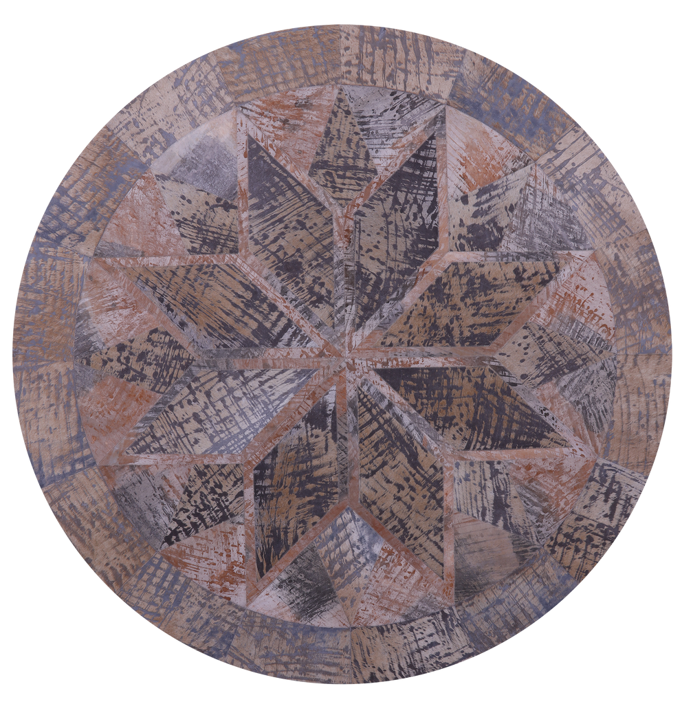 Abstract Round Patchwork Printed Natural Cowhide Rug - 6' 7" x 6' 7"