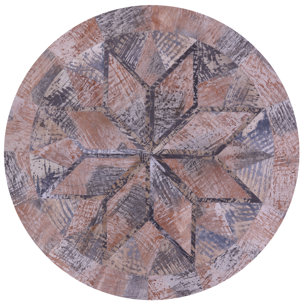 Abstract Round Patchwork Printed Natural Cowhide Rug - 6' 6" x 6' 6"
