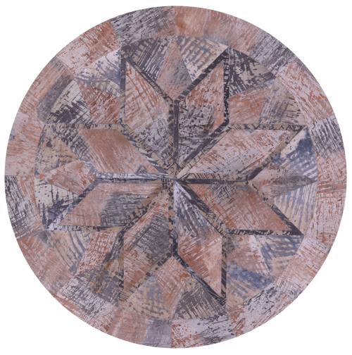 Abstract Round Patchwork Printed Natural Cowhide Rug - 6' 6