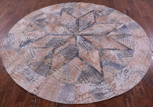 Abstract Round Patchwork Printed Natural Cowhide Rug - 6' 6
