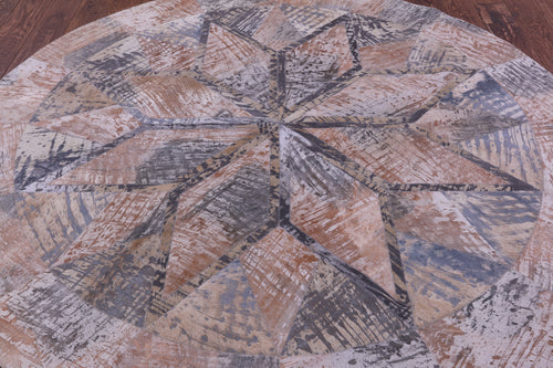 Abstract Round Patchwork Printed Natural Cowhide Rug - 6' 6