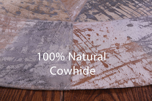 Abstract Round Patchwork Printed Natural Cowhide Rug - 6' 6