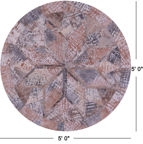 Abstract Round Patchwork Printed Natural Cowhide Rug - 5' 0