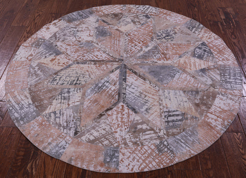 Abstract Round Patchwork Printed Natural Cowhide Rug - 5' 0