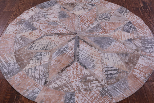 Abstract Round Patchwork Printed Natural Cowhide Rug - 5' 0