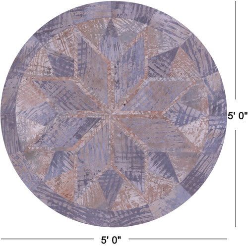 Abstract Round Patchwork Printed Natural Cowhide Rug - 5' 0