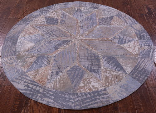 Abstract Round Patchwork Printed Natural Cowhide Rug - 5' 0