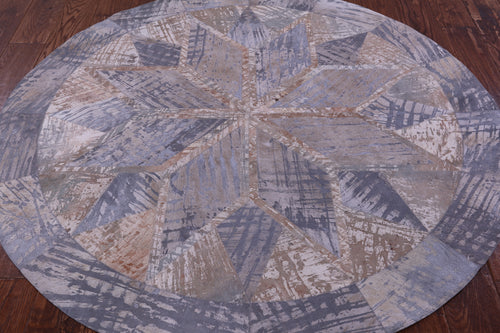 Abstract Round Patchwork Printed Natural Cowhide Rug - 5' 0