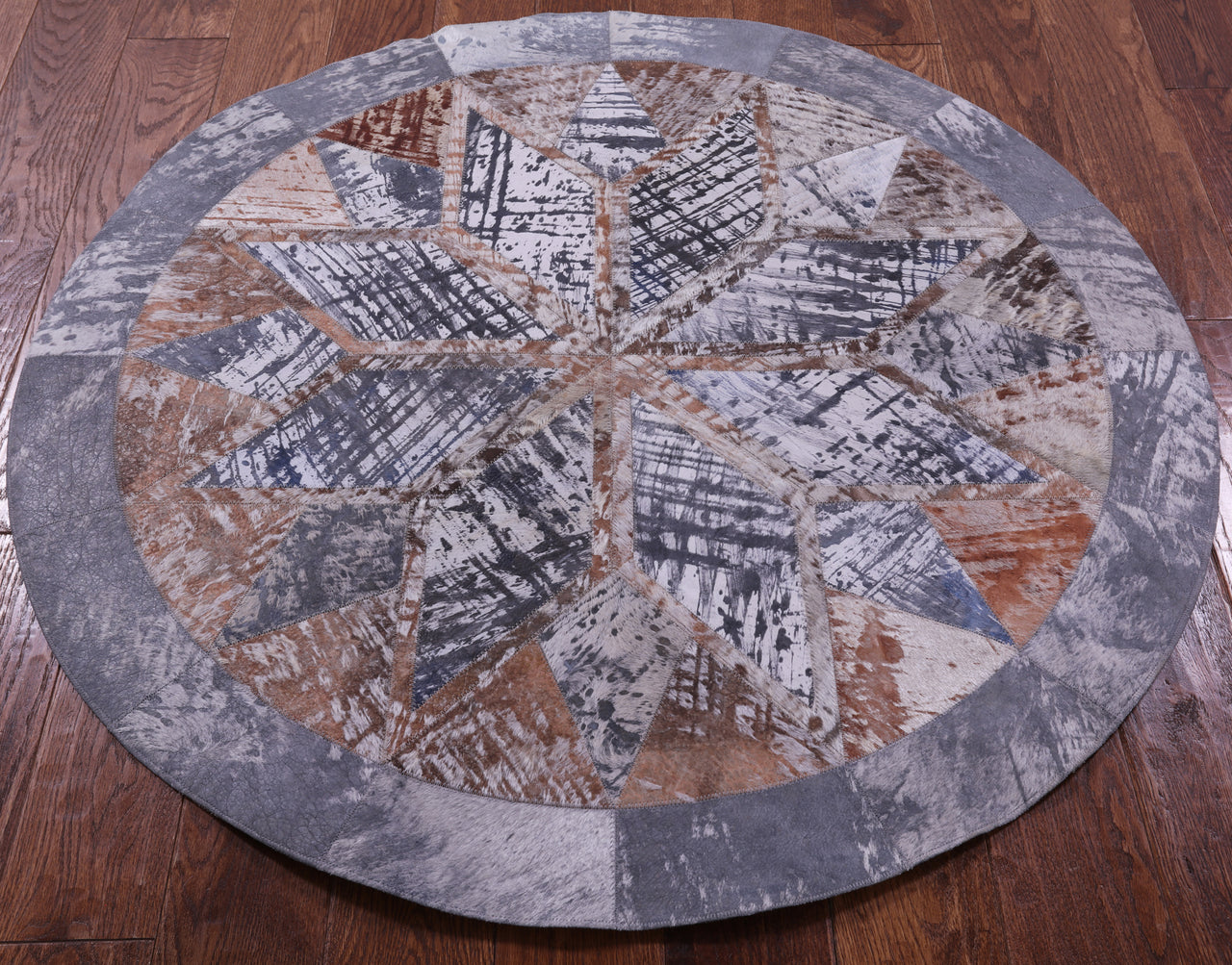 Abstract Round Patchwork Printed Natural Cowhide Rug - 4' 0" x 4' 0"