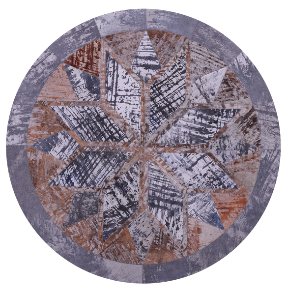 Abstract Round Patchwork Printed Natural Cowhide Rug - 4' 0" x 4' 0"