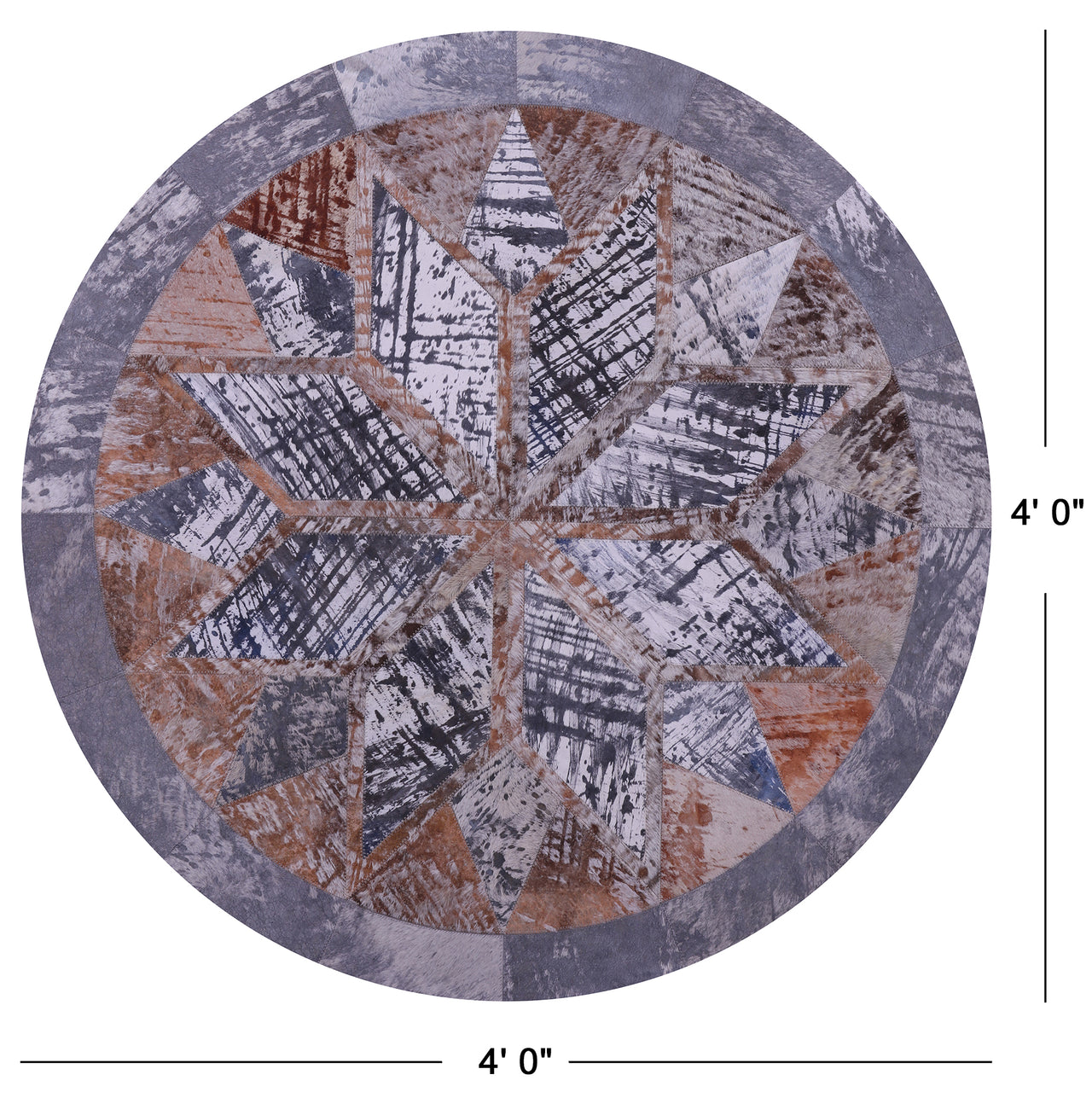 Abstract Round Patchwork Printed Natural Cowhide Rug - 4' 0" x 4' 0"
