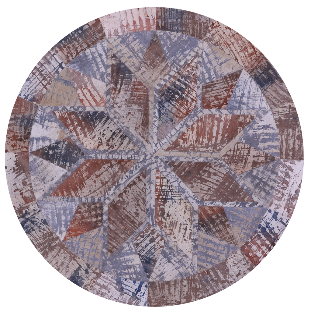 Abstract Round Patchwork Printed Natural Cowhide Rug - 5' 0" x 5' 0"