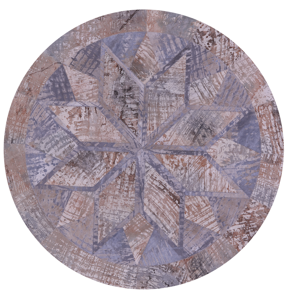 Abstract Round Patchwork Printed Natural Cowhide Rug - 5' 0" x 5' 0"