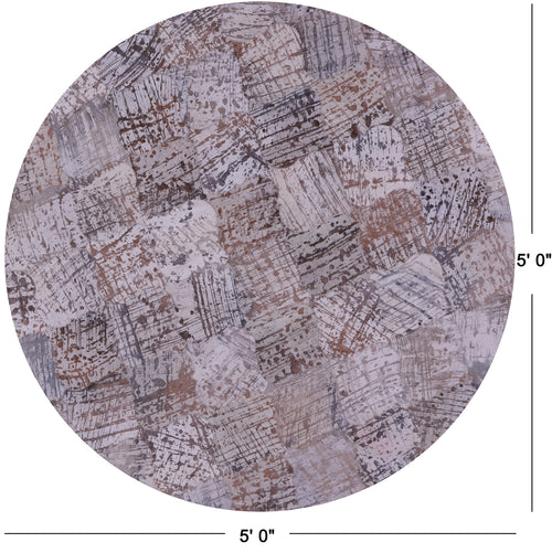 Abstract Round Patchwork Printed Natural Cowhide Rug - 5' 0