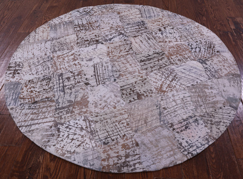 Abstract Round Patchwork Printed Natural Cowhide Rug - 5' 0