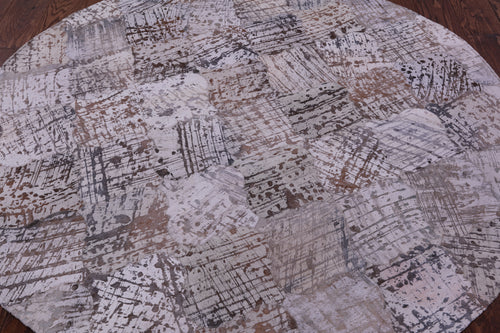Abstract Round Patchwork Printed Natural Cowhide Rug - 5' 0