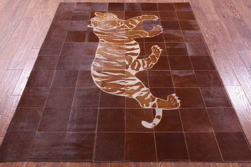 Brown Patchwork Tiger Design Natural Cowhide Rug - 5' 2