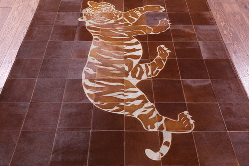 Brown Patchwork Tiger Design Natural Cowhide Rug - 5' 2
