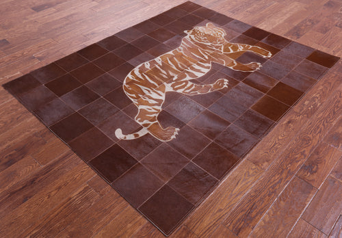 Brown Patchwork Tiger Design Natural Cowhide Rug - 5' 2