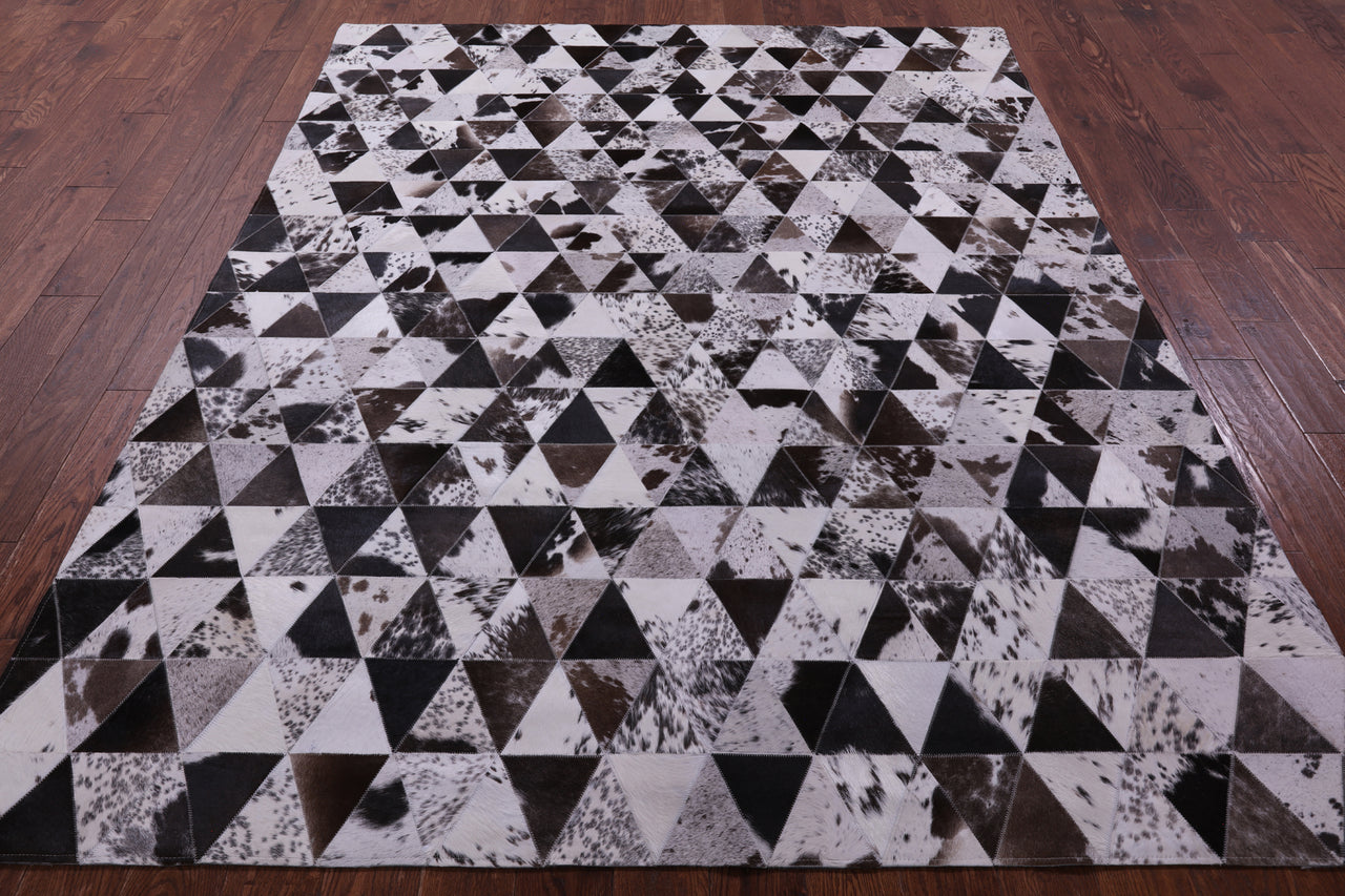 Black Brown & White Patchwork Natural Cowhide Rug - 6' 8" x 8' 4"