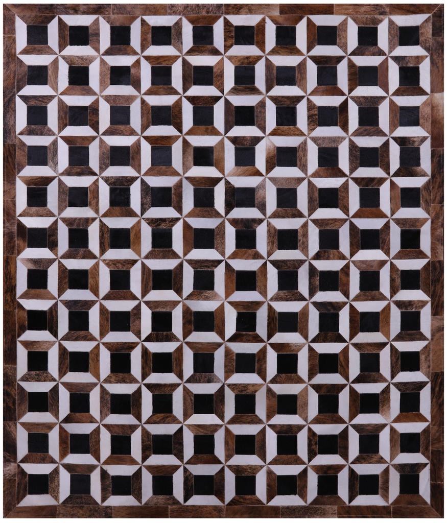 Brown & White Patchwork Natural Black Cowhide Rug - 7' 0" x 8' 3"