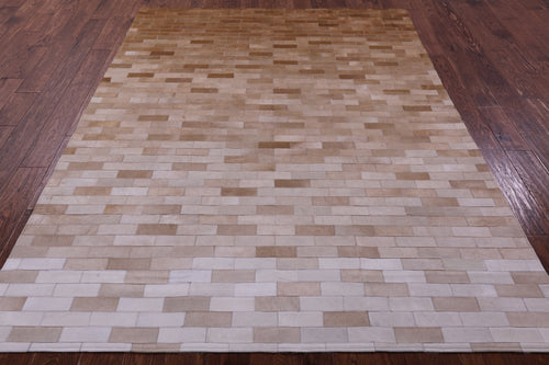 Brown & White Gradient Brickwork Patchwork Natural Cowhide Rug - 6' 3