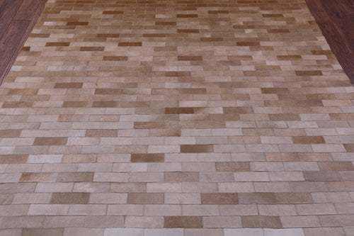 Brown & White Gradient Brickwork Patchwork Natural Cowhide Rug - 6' 3