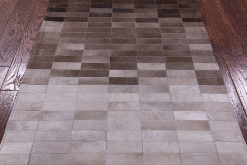 Brown & White Gradient Brickwork Patchwork Natural Cowhide Rug - 3' 3