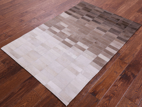 Brown & White Gradient Brickwork Patchwork Natural Cowhide Rug - 3' 3