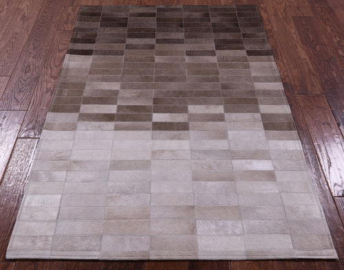 Brown & White Gradient Brickwork Patchwork Natural Cowhide Rug - 3' 3