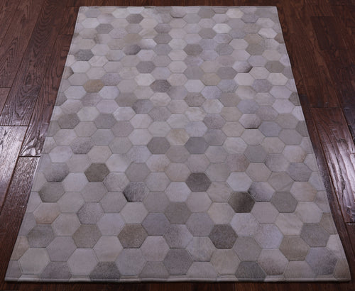 Grey & White Patchwork Natural Cowhide Rug - 3' 4