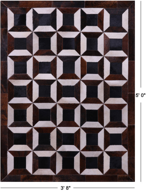 Brown & White Patchwork Natural Black Cowhide Rug - 3' 8