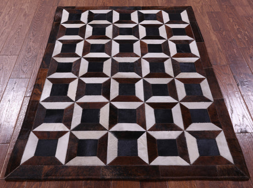 Brown & White Patchwork Natural Black Cowhide Rug - 3' 8