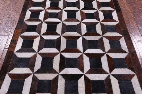 Brown & White Patchwork Natural Black Cowhide Rug - 3' 8