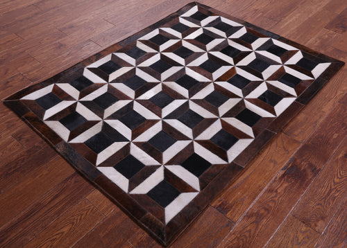 Brown & White Patchwork Natural Black Cowhide Rug - 3' 8