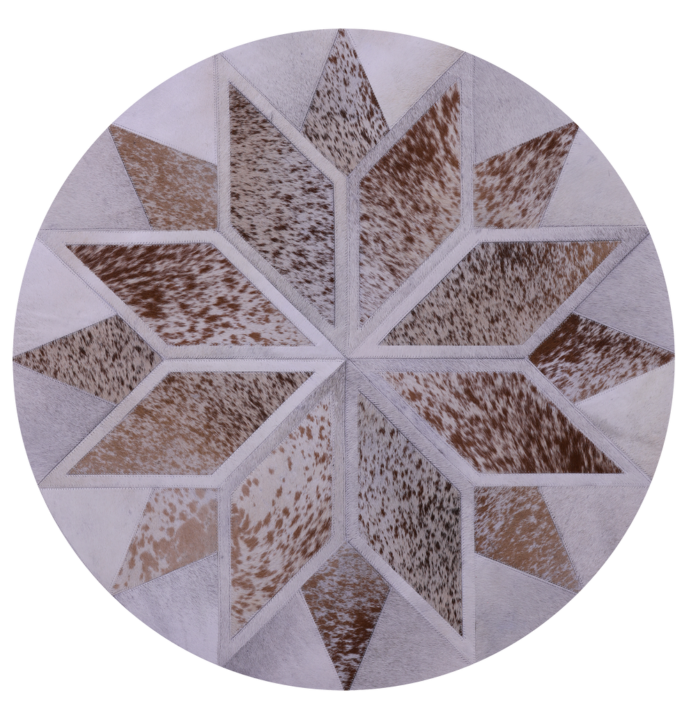 Brown & White Round Star Patchwork Natural Salt & Pepper Cowhide Rug - 3' 3" x 3' 3"