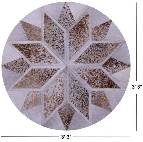 Brown & White Round Star Patchwork Natural Salt & Pepper Cowhide Rug - 3' 3