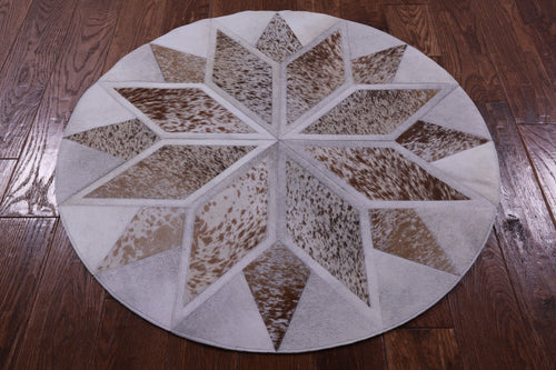 Brown & White Round Star Patchwork Natural Salt & Pepper Cowhide Rug - 3' 3