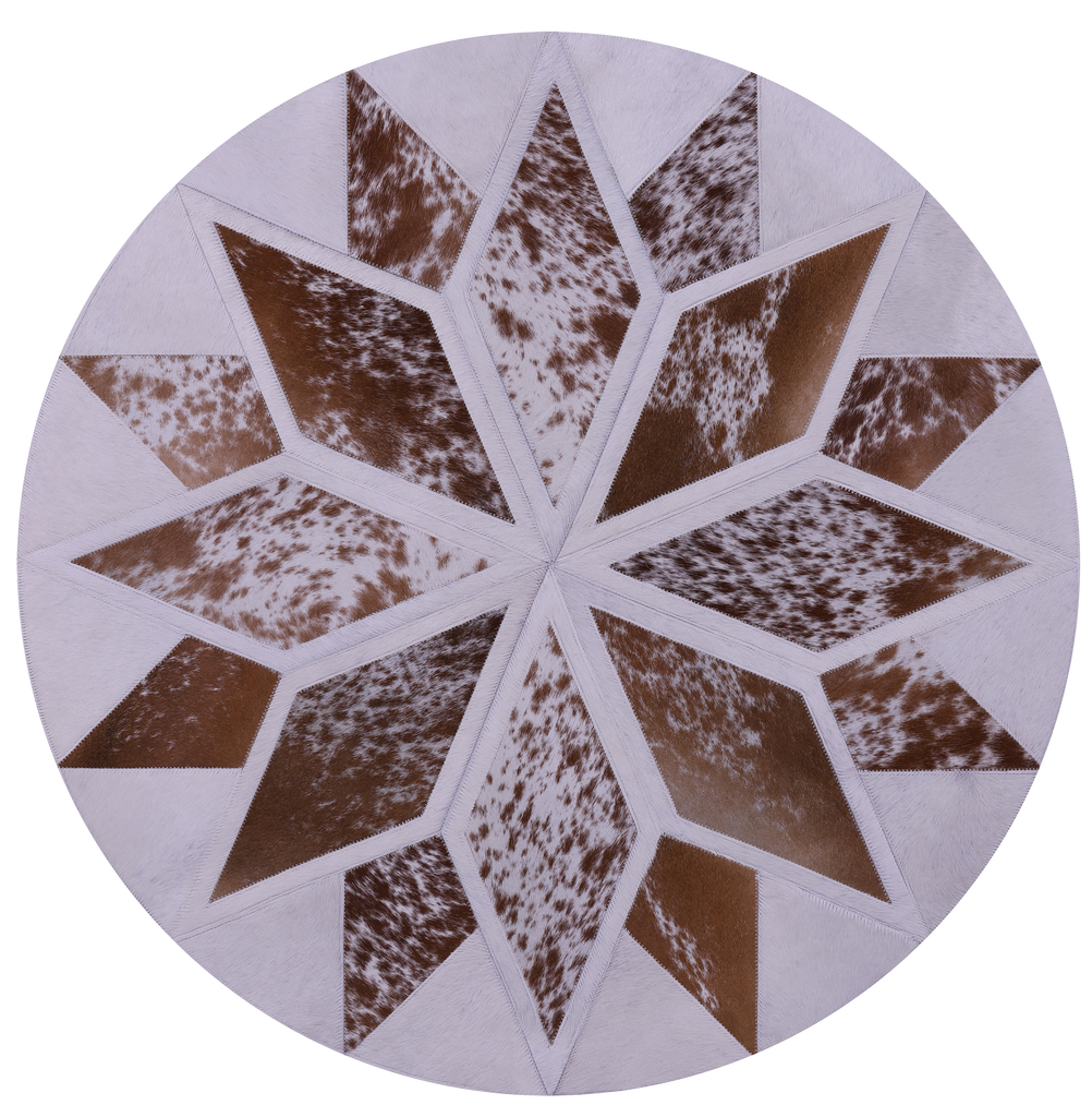 Brown & White Round Star Patchwork Natural Salt & Pepper Cowhide Rug - 3' 3" x 3' 3"